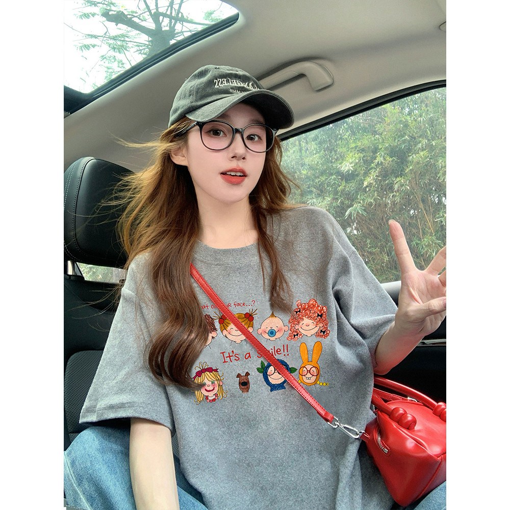 (จัดส่งตลอด 24 ชั่วโมง）Angle Official เวอร์ชั่นเกาหลีนักเรียนฤดูร้อนหวานพิมพ์เสื้อยืดสบายๆหลวมผู้หญิงคอกลมแขนสั้น