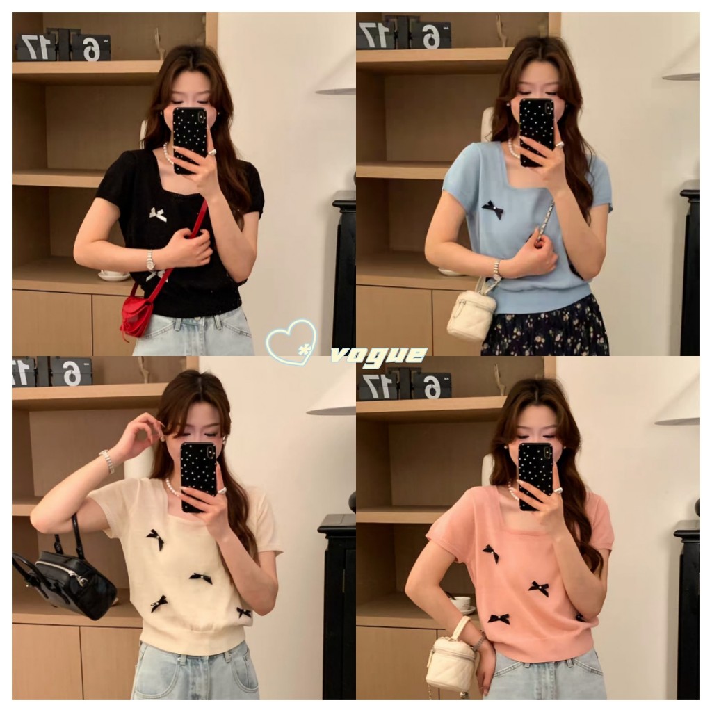 Vogue พร้อมส่ง เสื้อยืดไหมพรมแขนสั้น คอกลม ดีเทลติดโบว์ด้านหน้า (E339)