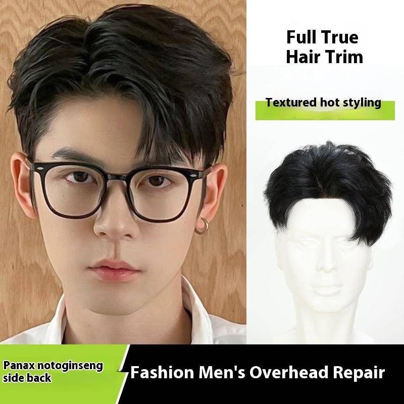 แฟชั่นสั้นผู้ชาย ผมปลอม 100% วิกผมมนุษย์สําหรับชายสีธรรมชาติ ผมปลอม ผมเปลี่ยนกับหน้าม้าด้านข้างปุย