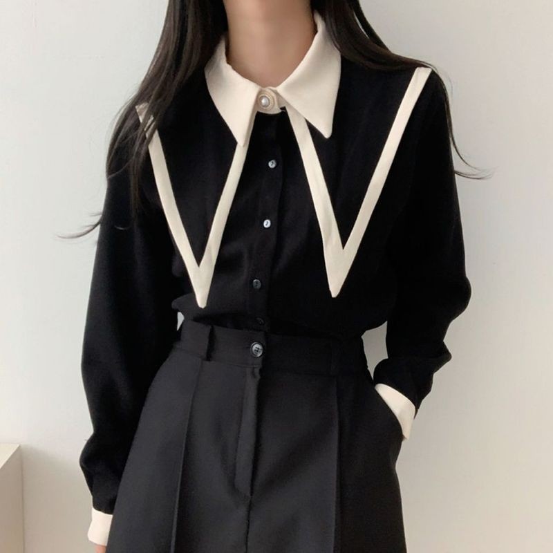 เสื้อเชิ้ตแขนพัฟแขนยาว 2024 สไตล์ใหม่สไตล์ฝรั่งเศสสีตัดกันตัดปกแหลมกระดุมแถวเดียวหลวมทุกการแข่งขันด้านบนผู้หญิง
