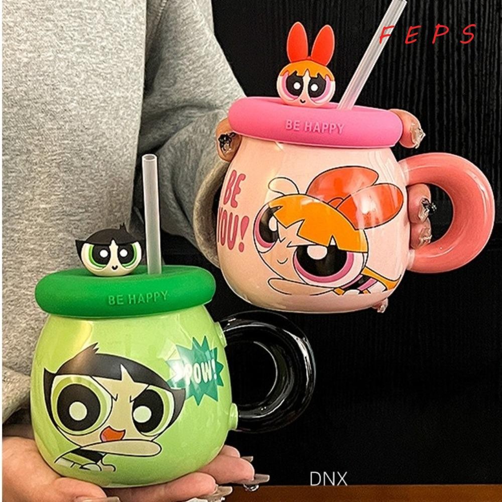 Feps ถ้วยพอร์ซเลน, ถ้วยน้ําคู่อนิเมะ Powerpuff Girls, การ์ตูนพร้อมฝาปิด Periphery Straw Design การ์ตูนแก้วของขวัญ