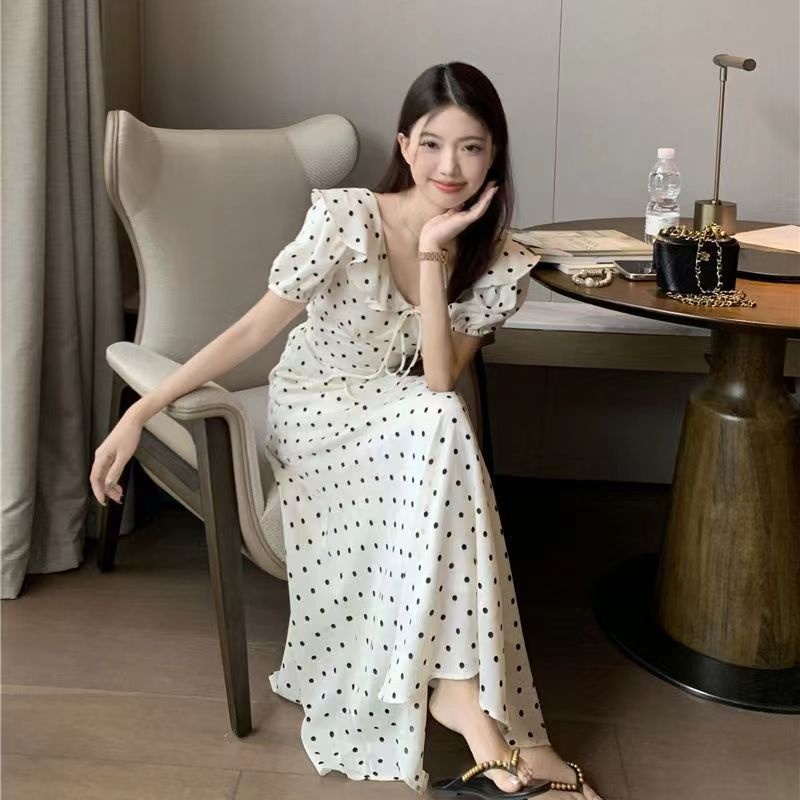 ฝรั่งเศสอ่อนโยน First Love กระโปรง Retro Polka Dot ชุดผู้หญิง All-Match ฤดูร้อนเอวแคบ Slimmer ดูหวานอารมณ์ Ruffled กระโปรงยาว