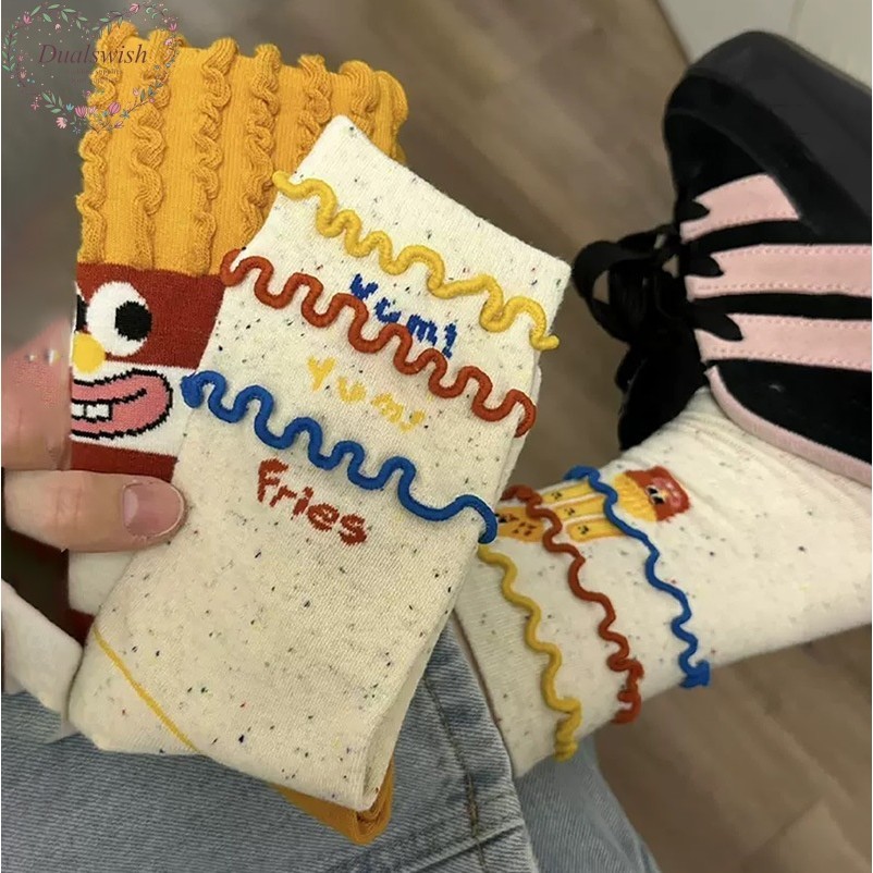 Dualswish Fries ถุงเท้าสายรุ้งออกแบบน่ารักการ์ตูนหญิงฤดูใบไม้ร่วง/ฤดูหนาวกลางหลอดถุงเท้าซ้อนสร้างสรรค์ตลกอินเทรนด์แฟชั่นถุงเท้าผ้าฝ้ายอย่ายุ่งยาก