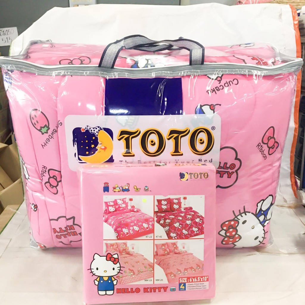 TOTO ชุดผ้าปู 6 ฟุต 4 ชิ้น+ผ้านวม ลิขสิทธิ์แท้ ลายคิตตี้ (เลือกสีทักแชท มีสีฟ้า,ชมพู,เขียว,เทา,น้ำตา