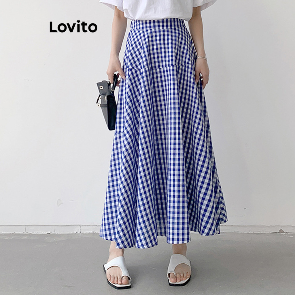 Lovito กระโปรงผู้หญิง แบบเย็บตีเกล็ด ลายตาราง สไตล์ลำลอง LNL52117