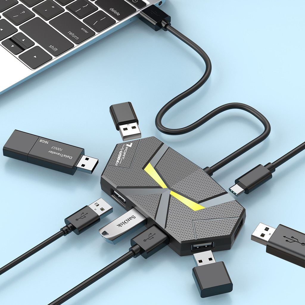USB Hub 4 พอร์ต 7 พอร์ต อะแดปเตอร์ USB2.0 มีไฟส่องสว่างรอบข้างสีสันสดใส พร้อมส่งCard Readers