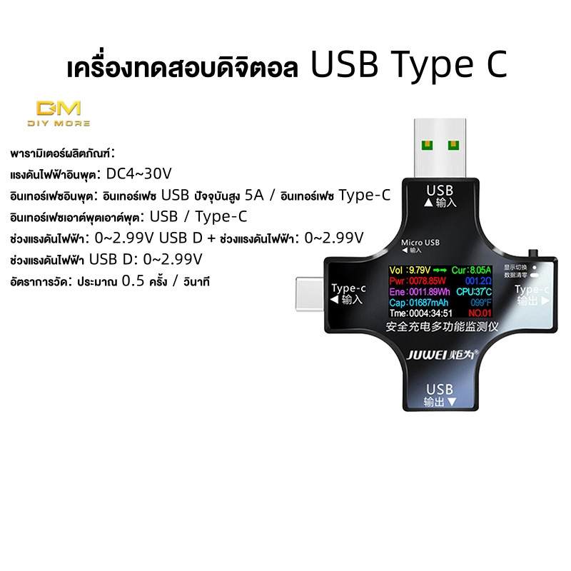 Diymore Universal usb Type C digital tester ที่วัดกระแสไฟ แรงดันไฟ ขณะชาร์จ Type - C Usb Meter Tester Lcd