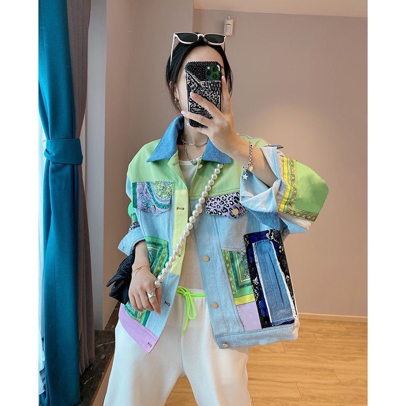 Contrast Color Denim Jacket ผู้หญิง Patchwork เสื้อแจ็คเก็ตสั้น Casual Top