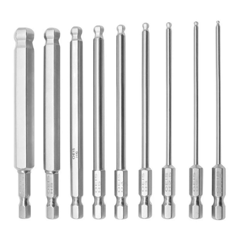 9pcs 1/4 inch Hex Head Allen Wrench Drill Bits S2 Steel 100mm Metric Long Handle Hex Key Screwdriver