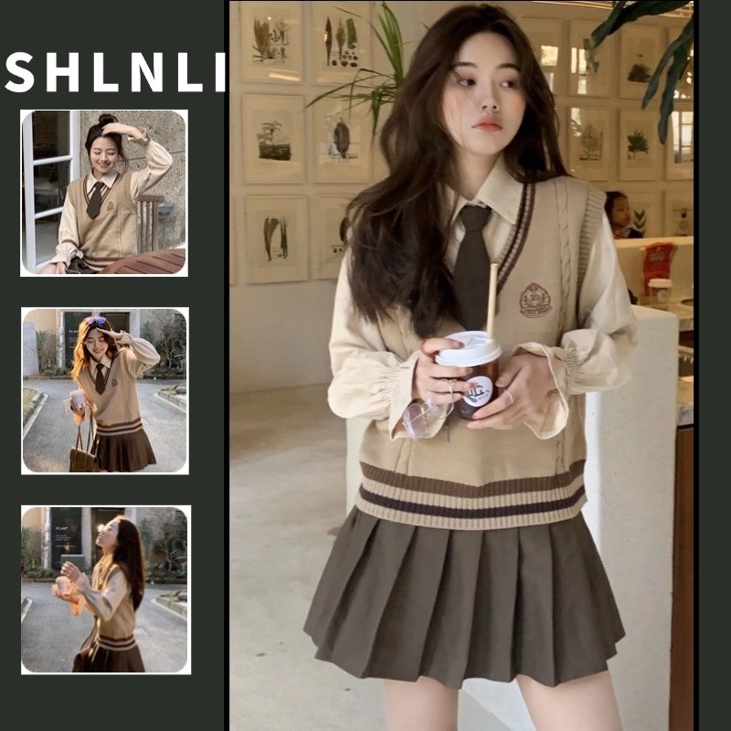 3ชิ้น/1กับ ฤดูใบไม้ผลิฤดูใบไม้ร่วงของผู้หญิงเกาหลีหวานวิทยาลัยสไตล์ถักเสื้อกั๊ก + เสื้อกระโปรงจีบชุด