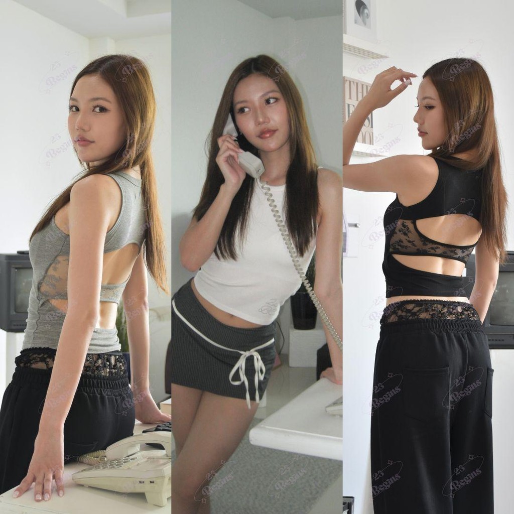 Rami Top เพชรโลโก้ร้าน 23BG เสื้อกล้าม ลูกไม้หลัง มีฟองน้ำ (2086AA)