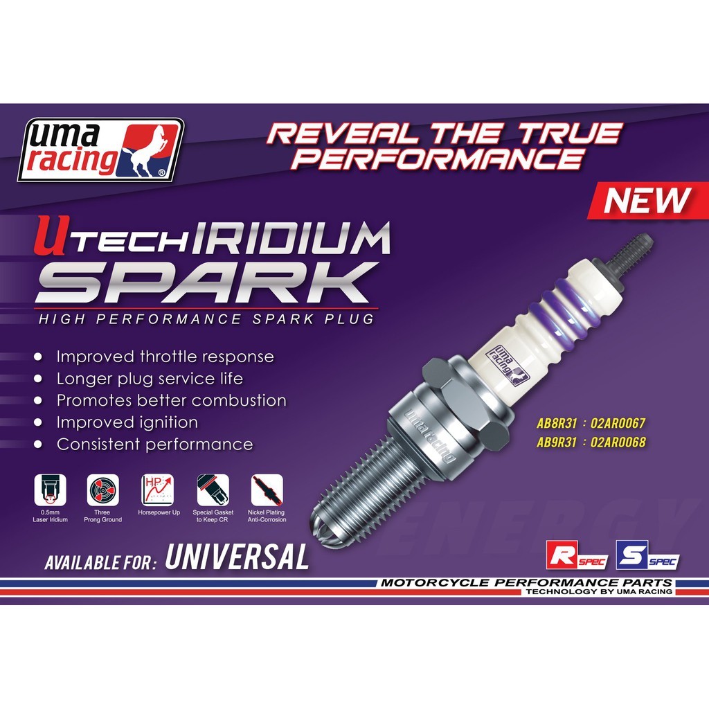 Uma RACING IRIDIUM SPARK PLUG (AB8R3I/AB9R3I/AC7R3I) Y15 Y16 LC135 FZ NVX NMAX RS150 RSX SRL110 EX5 