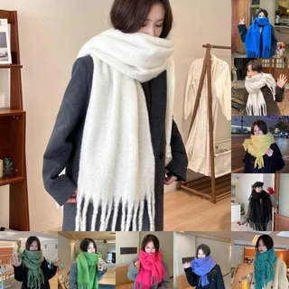 【⚡เวลาจำกัดราคาต่ำ】โบลูโอมิ ผ้าพันคอพู่ยาว,สีทึบ โมแฮร์ ผ้าพันคอแคชเมียร์ฤดูหนาว,อบอุ่นนุ่มหนาผ้าคลุมไหล่ห่อผู้หญิง
