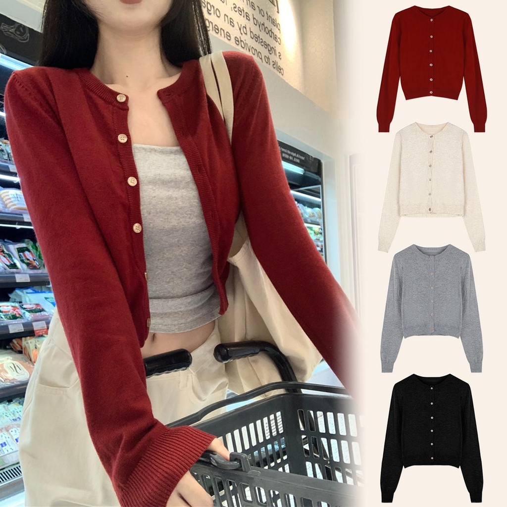 KOKO#เสื้อแจ็คเก็ตคาร์ดิแกนถักสำหรับผู้หญิงในฤดูใบไม้ร่วงเสื้อสเวตเตอร์สีแดงกระชับสัดส่วนพร้อมเสื้อตัวสั้น#D091