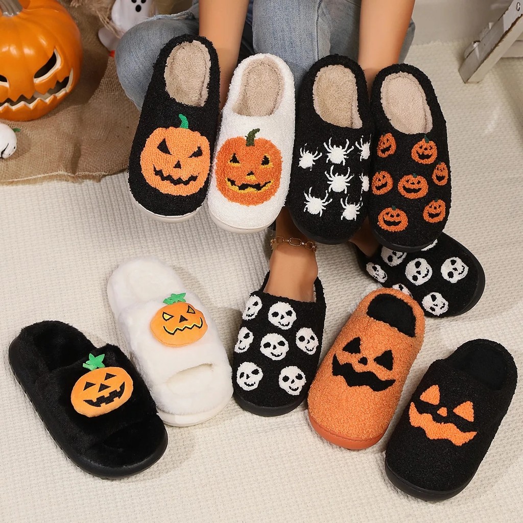 ผ้าฝ้ายปุยรองเท้าแตะบ้านฟักทองตุ๊กตาสไลด์คู่2025ตลกฮาโลวีนฟักทองแมวรองเท้าผู้หญิงในร่มกลางแจ้ง