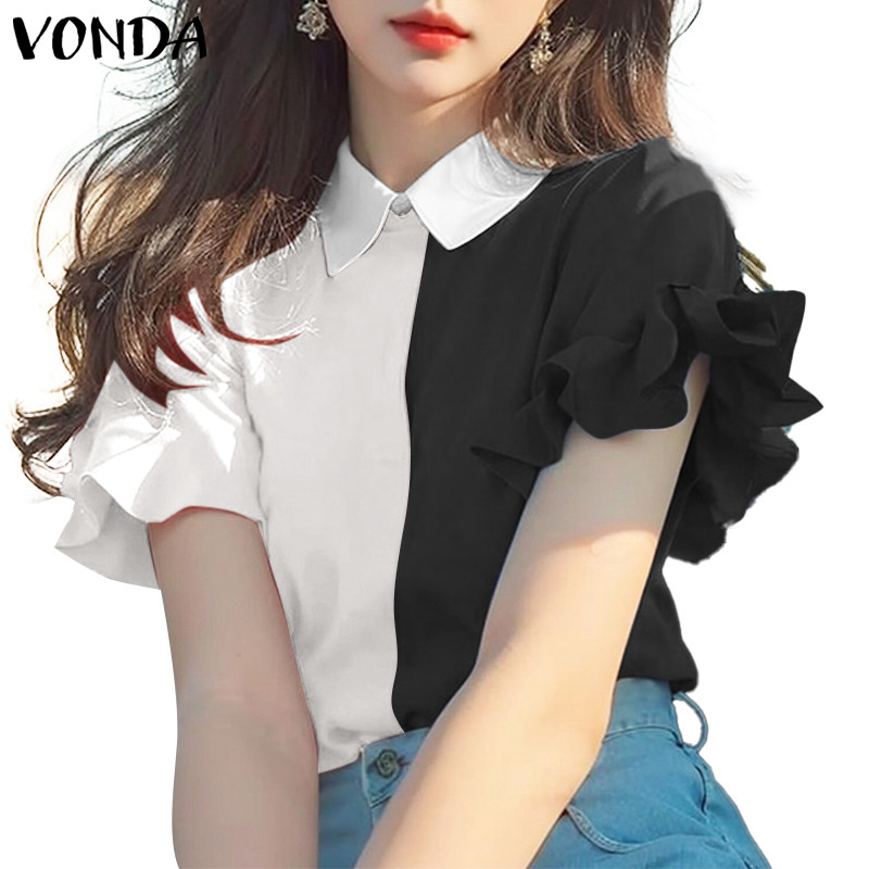 Vonda ผู้หญิงเกาหลีลําลอง Ruffled แขนสั้น Contrast เสื้อหลวม