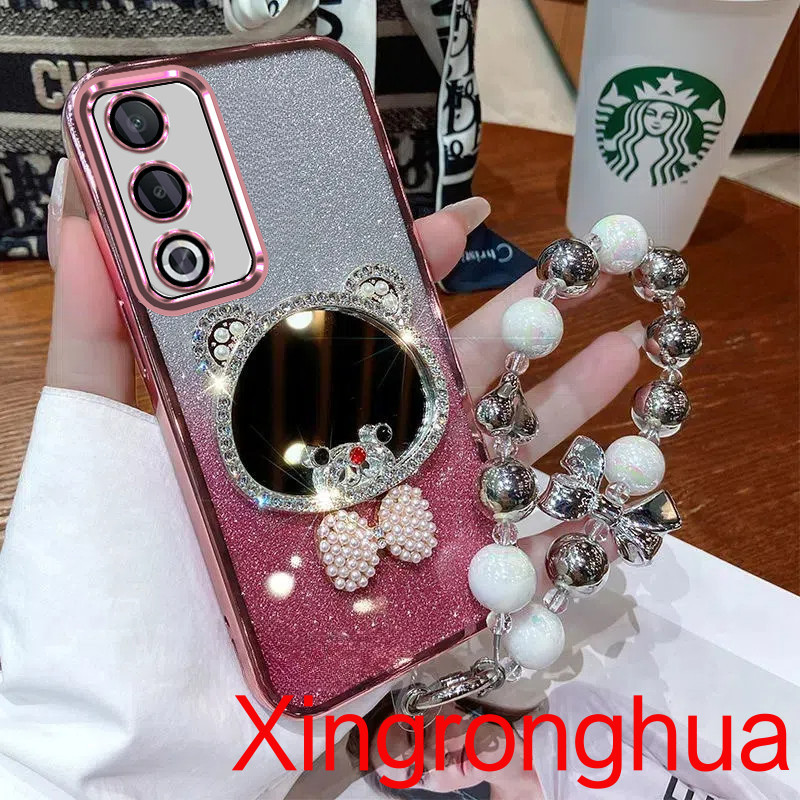 ปลอกเคสโทรศัพท์oppo A3 Pro 5G A3X 5G/ A3 A38 A18 A58 A60 A79 5Gกรณีหรูหราเพชรหมีเครื่องสําอางแต่งหน้ากระจกนุ่มเชือกเส้นเล็กฝาครอบโทรศัพท์สําหรับสาว