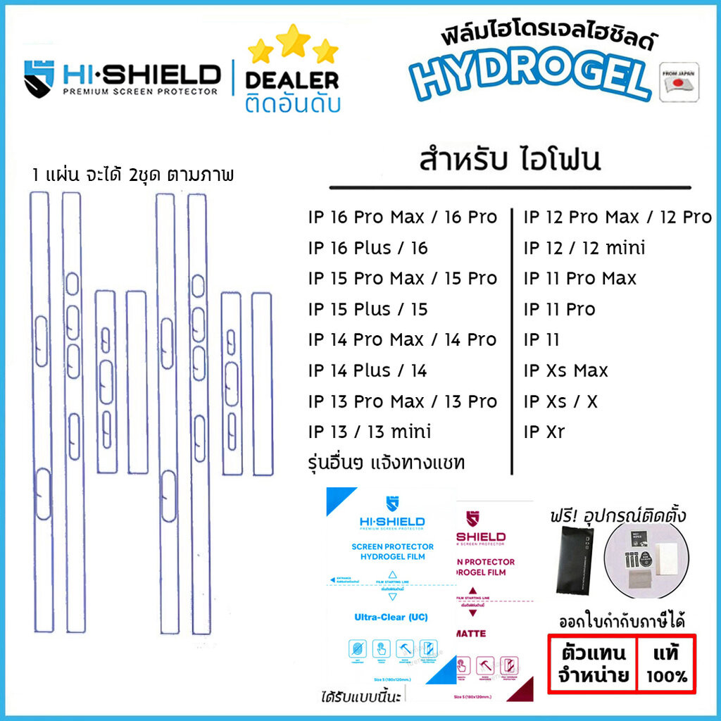 ฟิล์มขอบข้าง ฟิล์มหลัง Hishield ไฮโดรเจล ใส ด้าน ใช้สำหรับ iPhone 16 Pro Max 15 Pro Max 14 Pro Max 14 Plus 13 mini 12...