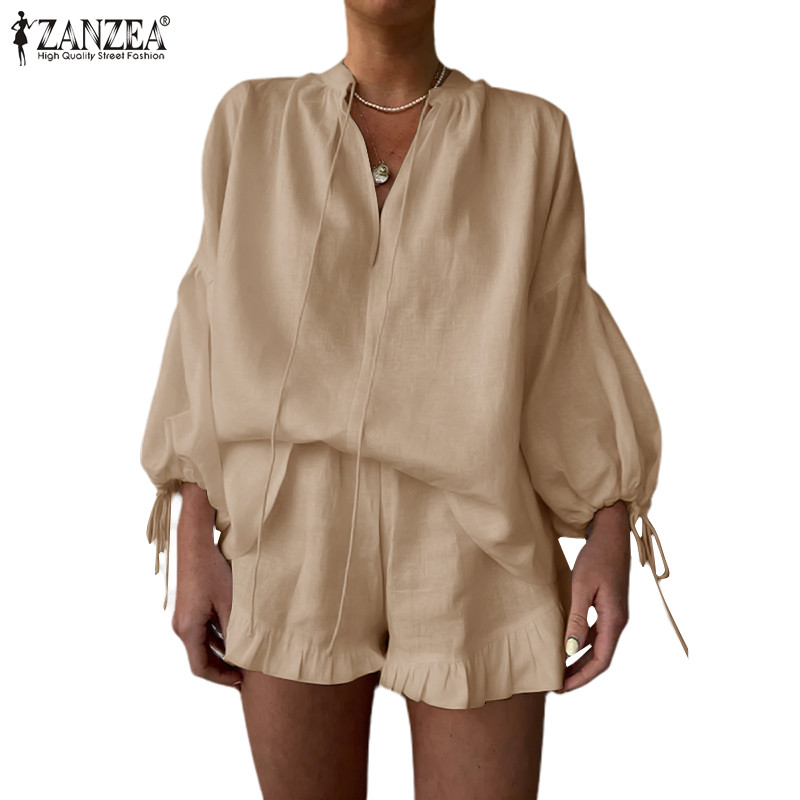 ZANZEA ซานเซีย ผู้หญิงวินเทจลําลองคอวีแขนยาวสีทึบเสื้อกางเกงขาสั้นชุด