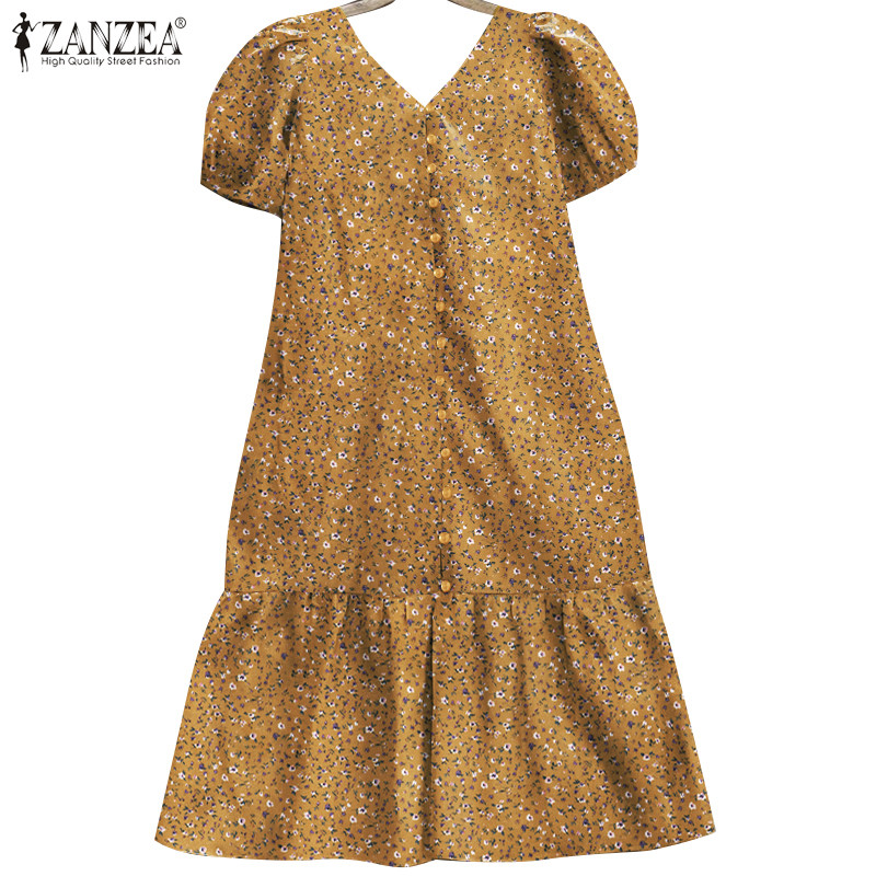 ZANZEA ซานเซีย ผู้หญิงคอวีแขนสั้นความยาวกลางลูกวัวชุดพิมพ์ดอกไม้
