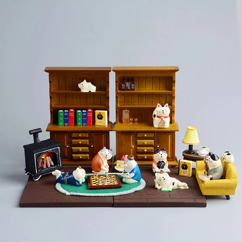 ZAKKA Miniatures Study Bookcase Home Decor Cute Cartoon Cat Retro Desk Gramophone Ornament Crafts Do
