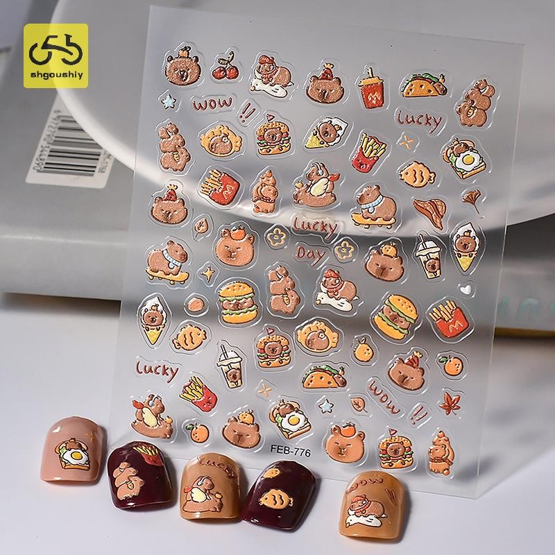 [Shgoushiy] น่ารักการ์ตูน Capybara เล็บสติกเกอร์สีน้ําตาล Capibala Self กาวรูปลอกเล็บสติกเกอร์นุ่มนูนตกแต่งเล็บ TH