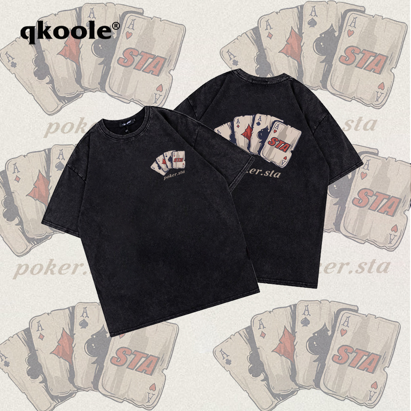Qkoole เสื้อยืดฟอก oversize ผ้าคอตตอน100% เล่นไพ่ย้อนยุค L000065
