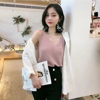 K ถัก Camisole ผู้หญิงสีทึบคอวีแขนกุด Halter Bottoming เสื้อ
