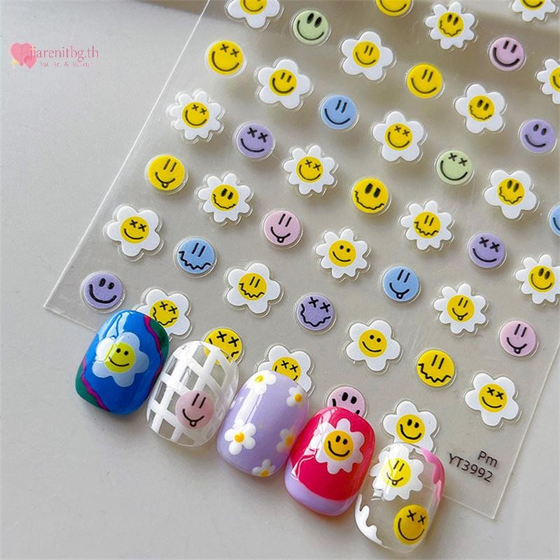 Renbg 3D การ์ตูนดอกทานตะวันเล็บสติกเกอร์ดอกไม้ Decals Sliders Smile ดอกไม้เล็บสติกเกอร์สําหรับตกแต่งเล็บ DIY Salon TH