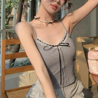 #273 เสื้อสายเดี่ยว ครอป พร้อมส่งในไทย มีฟองน้ำในตัว ดีเทลโบว์ผูกรอบขอบ สไตล์เวียดนาม เกาหลี แต่งตัวแมชชิ่งง่ายย น่ารักก