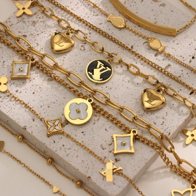 สร้อยข้อมือไทเทเนียมสองชั้นแบบโคลเวอร์สี่ใบและหัวใจ ดีไซน์เรียบง่าย สไตล์แฟชั่น