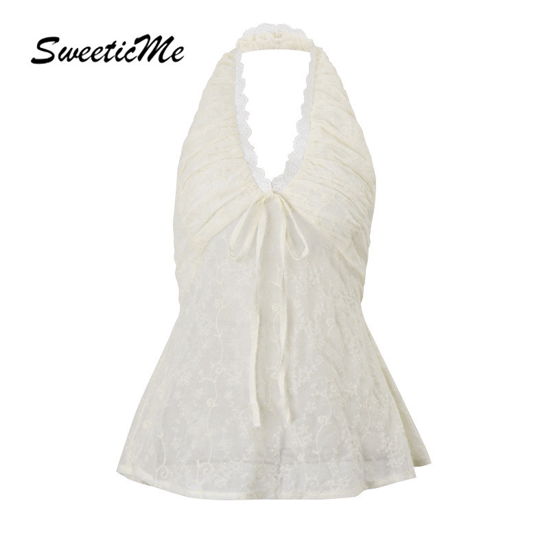 SweeticMe เสื้อ.camisole สตรี ใหม่ 2025 แฟชั่นเซ็กซี่ ลูกไม้ nipped เอว backless halter