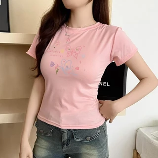 G01-06 เสื้อยืดสีดำแขนสั้นพิมพ์ลายผีเสื้อ สุดน่ารัก แนวเกาหลี หลายไซส์ ผ้านิ่มสวมใส่สบาย ใส่ได้ทุกโอกาส ราคาถูก
