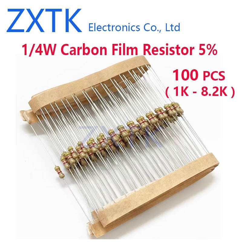 ใหม่CHIP 100PCS 0.25watt 1/4W Carbon Film Resistor 5% 1K 1.2K 1.5K 1.8K 2K 2.2K 2.4K 2.7K 3K 3.3K 3.