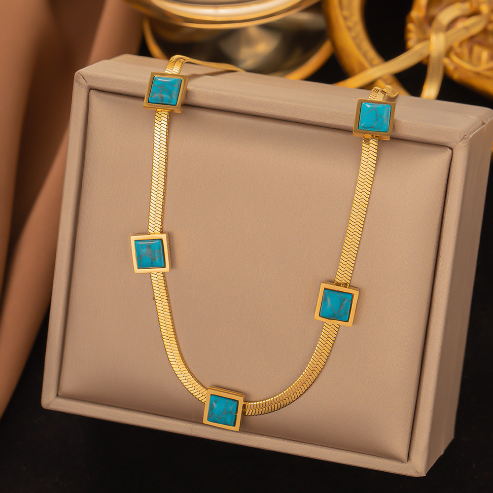 Turquoise Square Niche Design สร้อยคอกลม Clavicle Chain โบฮีเมียน เหล็กไทเทเนียมสำหรับ 여성 P4AL