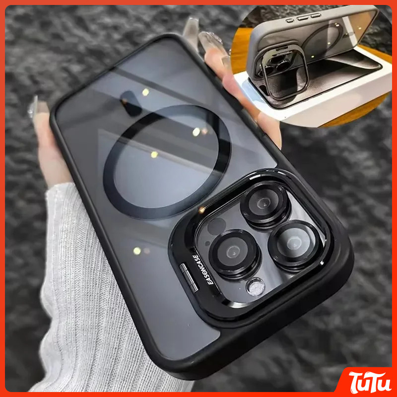 TuTu กันกระแทกโปร่งใสแม่เหล็กขาตั้งโทรศัพท์เลนส์กระจกป้องกันหรูหราสําหรับ iPhone 16 14 13 12 11 15 Pro Max 16 Plus เคสโทรศัพท์ เคสกันกระแทก เคสซิลิโคน เคสไอโฟน11
