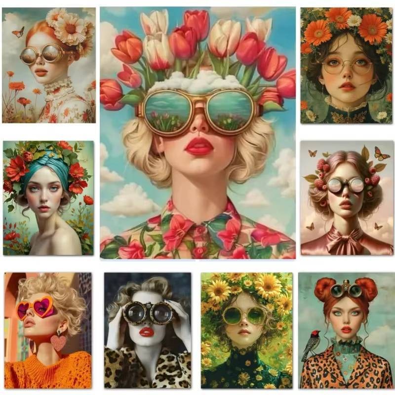 ผู้หญิงสวยพร้อมแว่น ดอกไม้. ผ้าใบ. ภาพวาดที่ทันสมัย ศิลปะติดผนัง. โปสเตอร์และพิมพ์อักขระหญิง ตกแต่งบ้านห้องนั่งเล่น