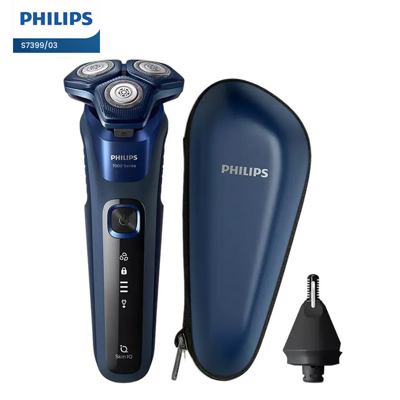 Philips S7399 เครื่องโกนหนวดไฟฟ้า ซีรีส์ 7000 สีน้ำเงินเข้ม ใบมีดหมุน 45 ชิ้น กันน้ำ