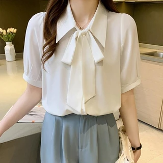 S-2XL เสื้อเชิ้ตทำงานผู้หญิงผูกโบว์หลวมบางแขนสั้นเสื้อชีฟอง