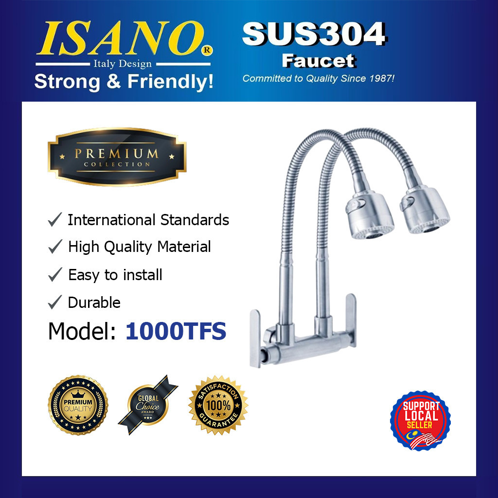 [ ISANO ] 1000TFS SUS304 ก๊อกน้ําห้องครัวคอคู่แบบยืดหยุ่น Wall Sink Tap