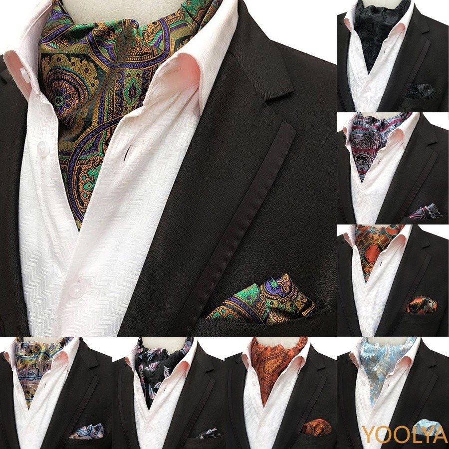 ผู้ชาย Ascot Tie ชุด Man Cravat Ties ผ้าเช็ดหน้าชุดดอกไม้ Paisley กระเป๋าสแควร์เนคไทสําหรับ Party