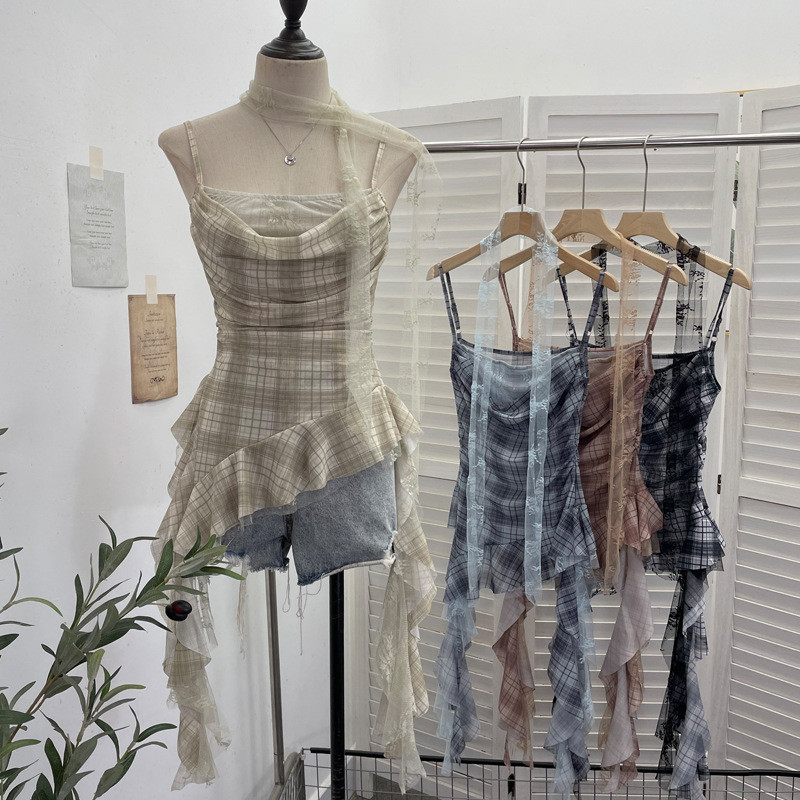 Camisole สวิงคอลเลอร์ลายสก๊อตพร้อมลูกไม้ริบบิ้น ด้านบนไม่สม่ำเสมอแต่สวยงาม รหัส 8078