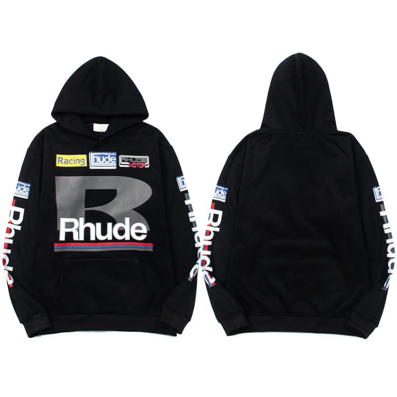 Rhude Petrol Patch Hoodie สำหรับทั้งผู้ชายและผู้หญิง ฮิปฮอป สไตล์ขนแกะ
