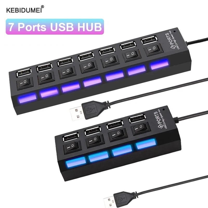 USB 2.0 Hub Multi USB Splitter Ports Hub ใช้อะแดปเตอร์ไฟ 7 พอร์ตหลาย Expander Hub พร้อมสวิตช์ 30 ซม.สําหรับ Home