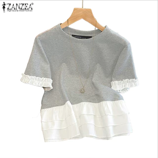 ZANZEA สไตล์เกาหลียอดนิยม เสื้อลูกเรือแขนสั้น ขอบกระพุ้งแขนและซ้ายContrast เสริมลุคเก๋ไก๋