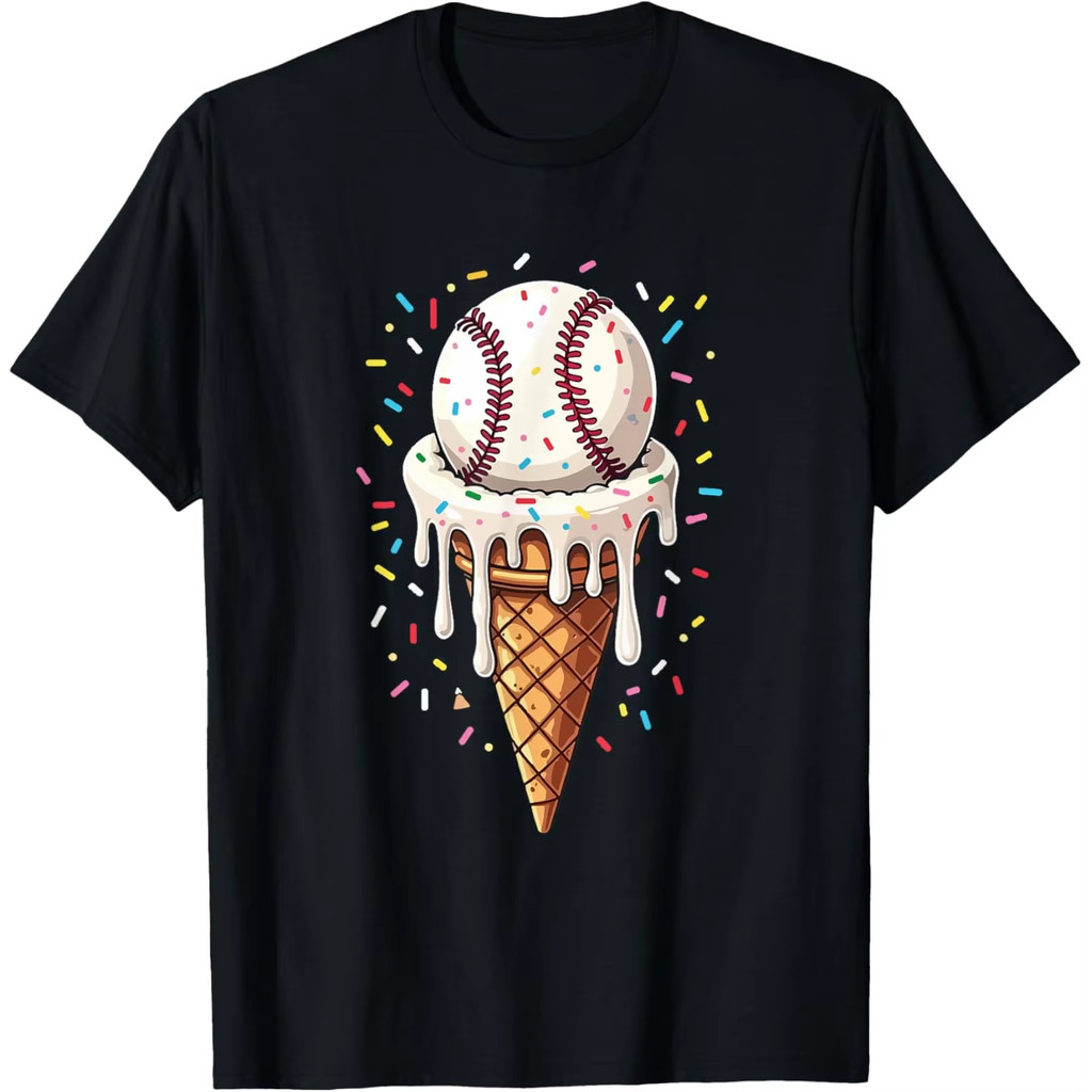 Baseball Drip Boys Ice Cream Cone Drip Baseball Hort Sleeve เสื้อยืดผู้ชายและผู้หญิงผ้าฝ้ายเสื้อยืด