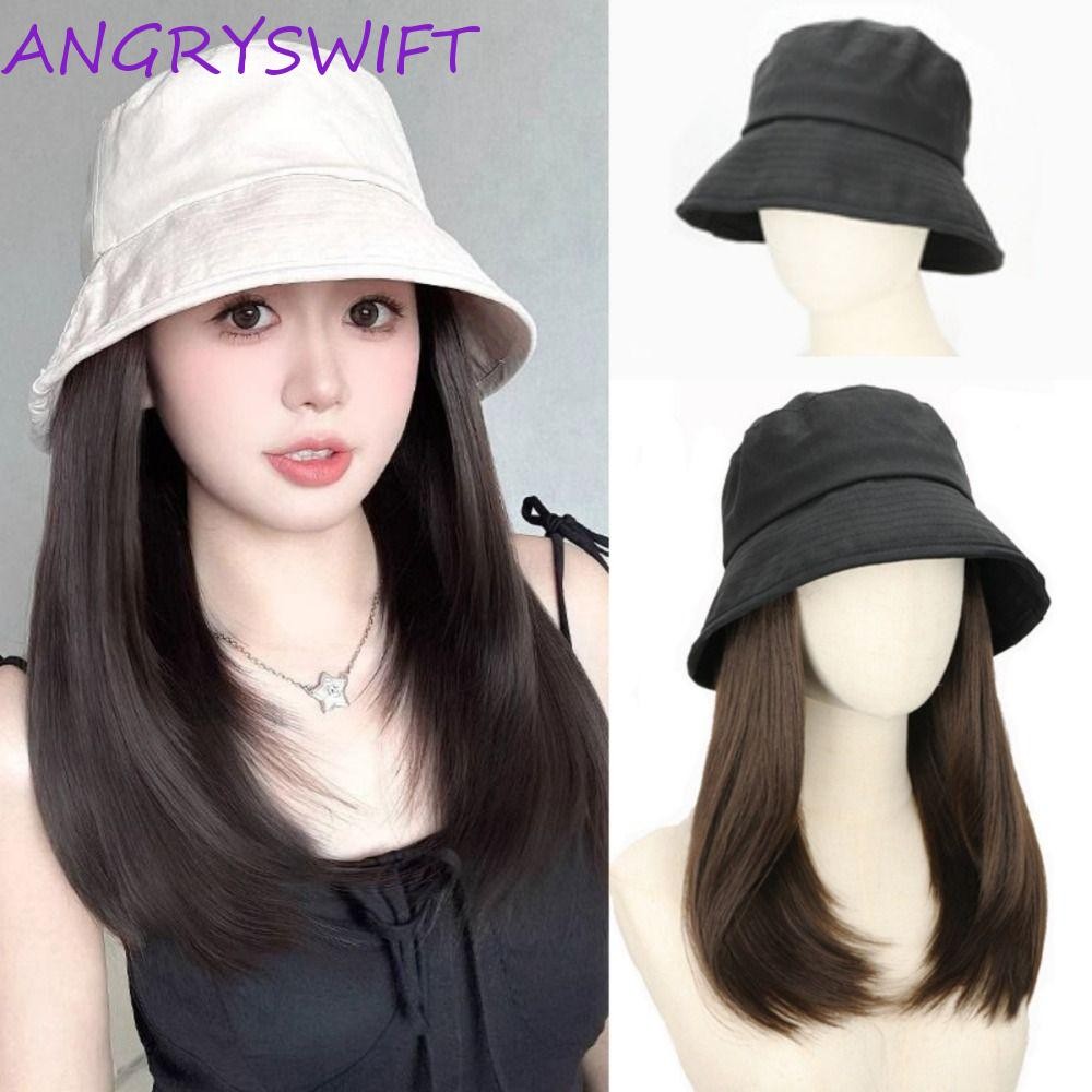 วิกผมผมสั้นทรงตรง ส่วนเสริมผมและหมวกแบบบักเก็ต หมวกกันแดดสไตล์ฮิปฮอป ทำจากเส้นใยกึ่งสังเคราะห์ เหมาะสำหรับสวมใส่ในฤดูร้อน