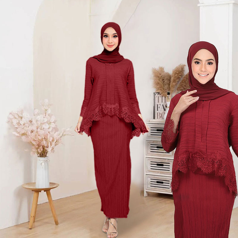 Modern Muslimah Eid เสื้อผ้าสําหรับงานแต่งงาน/อังกฤษ V คอด้านหน้าซิปลูกไม้ Kebaya Baju Kurung
