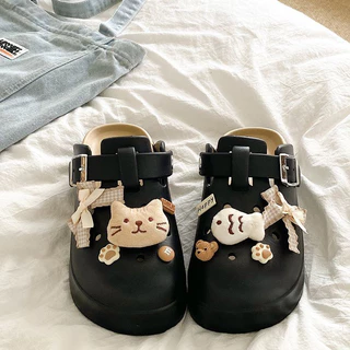 การ์ตูนน่ารัก Bowknot แมวปลาหญิงฤดูร้อนสวมใส่ด้านนอก Baotou รองเท้าแตะรองเท้าแตะ EVA หนา Soled Anti-Slip