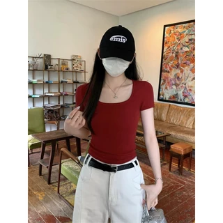 ร้อมส่ง เสื้อยืดแขนสั้นผ้ามน้ำ แข็งผู้หญิงเสื้อยืดสีทึบสไตล์เกาหลีทรงเข้ารูปและใช้งได้หลากหลาย UMISO